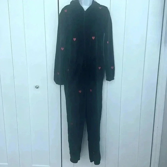 PINK Victoria's Secret Black Hooded Red Heart Print Onesie Lounge Wear XS Small - Picture 2 of 7